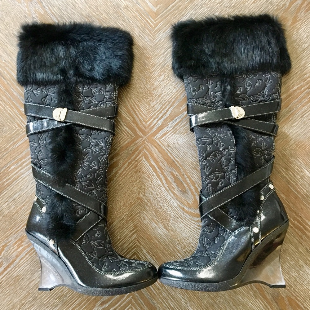 Baby Phat Black Leather Fur Knee High Boots 8